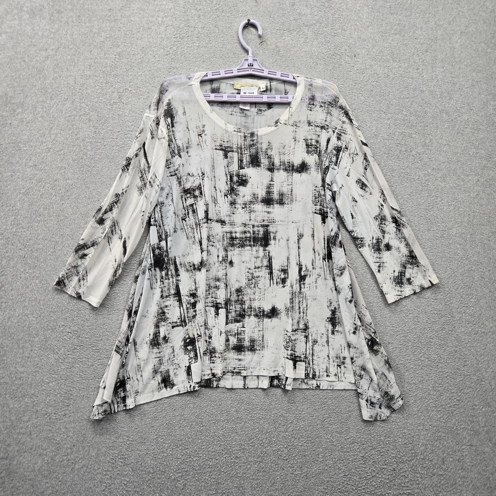 Jess & Jane Women Blouse L White Geometric Brushed Art Tunic Fairy Office Y2K